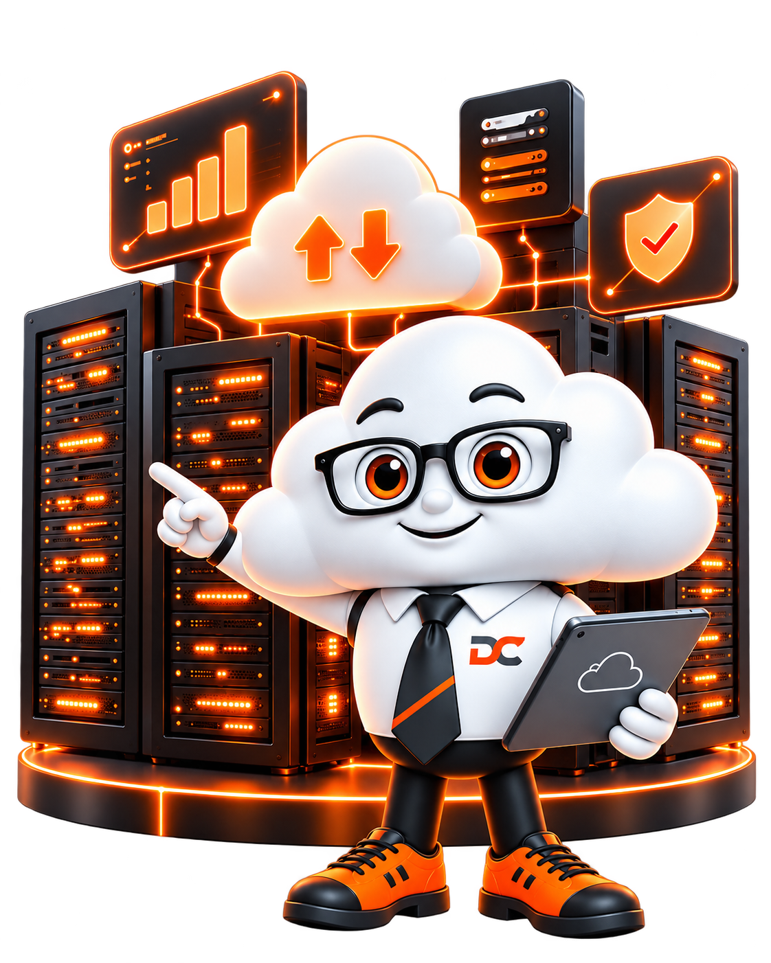 Cloud mascot standing in front of server racks